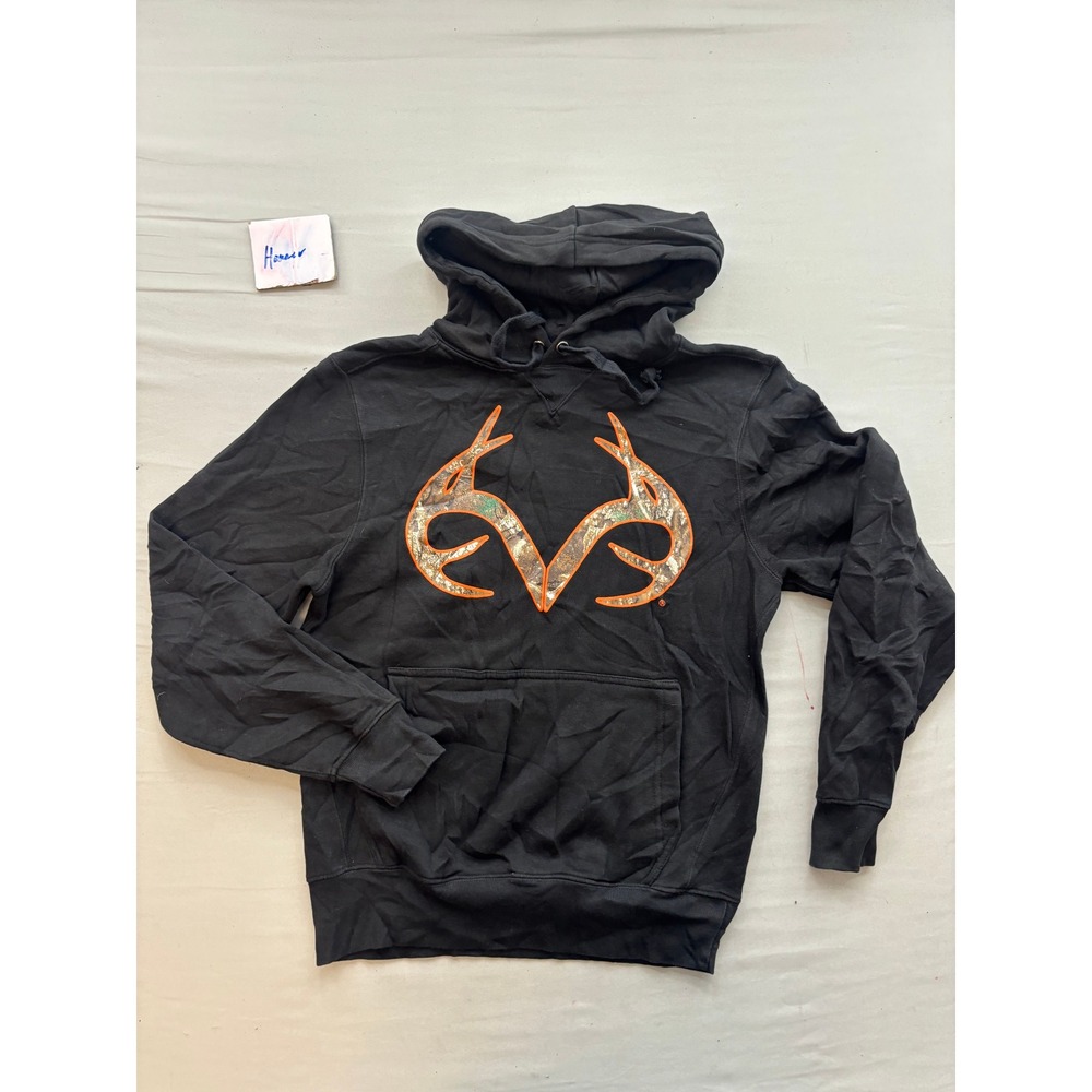 Realtree Mens Hoodie Black Camo Antler Logo Graphic Sweatshirt Size Small